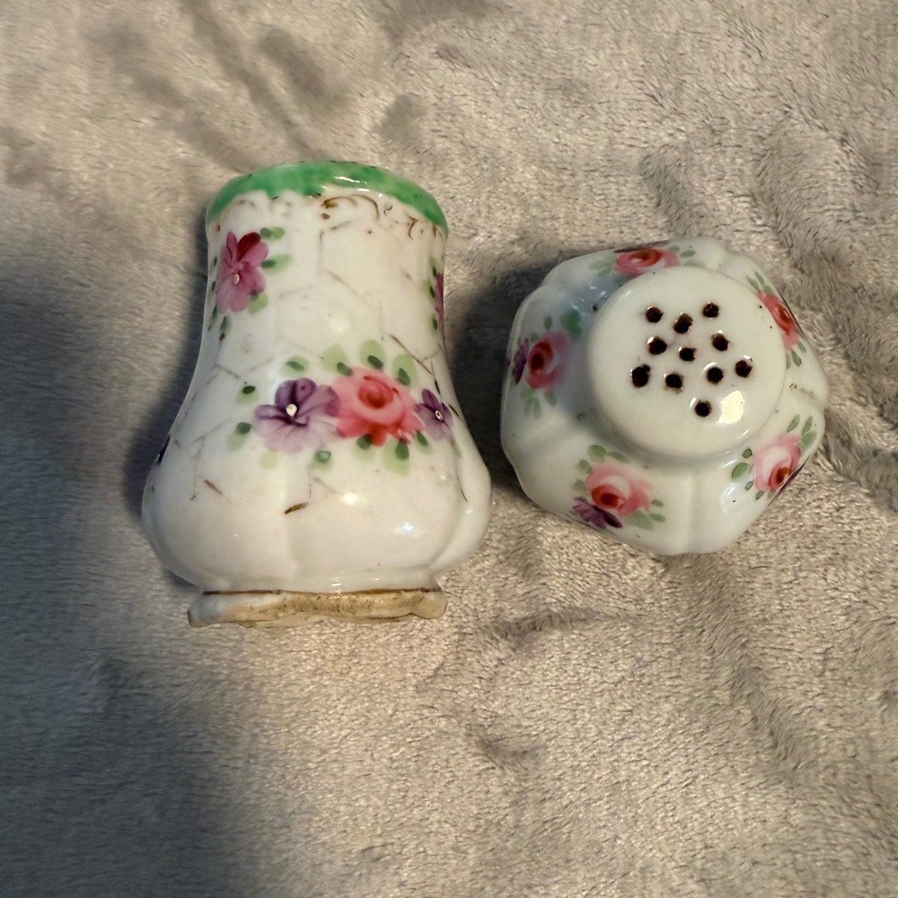 Antique Hand Painted Porcelain Salt & Pepper Shakers Floral‎ Cork Base